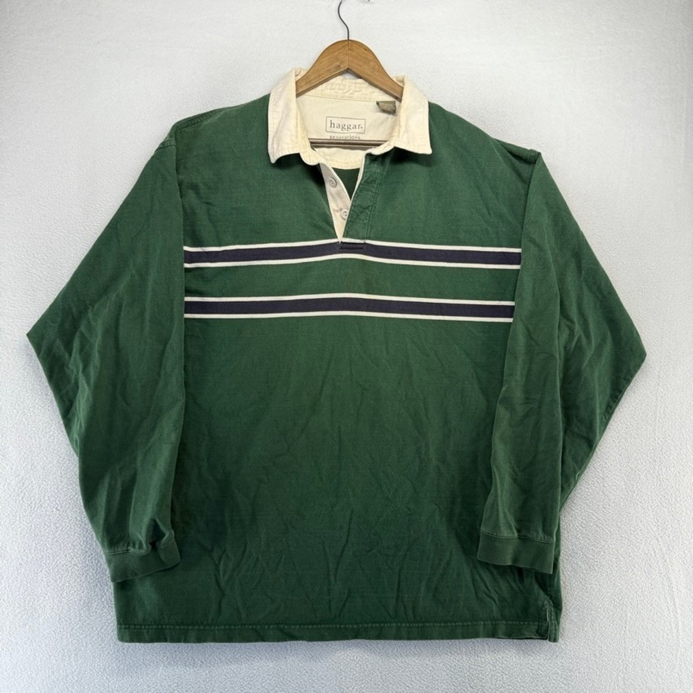 Vintage Haggar Rugby Shirt Mens 2XL Green Striped Thick Heavy Cotton Preppy y2k
